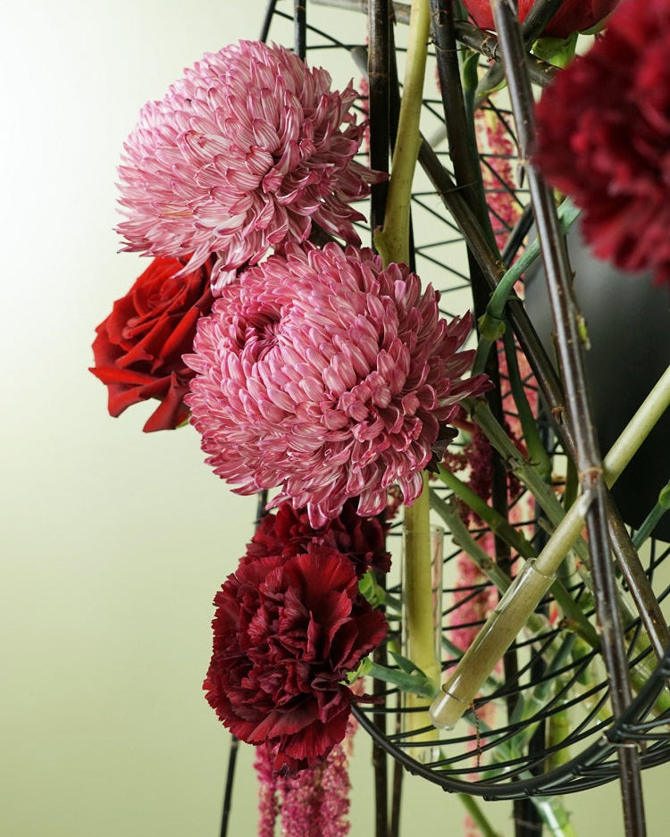 Close-up of pink and red flowers in a wire basket against a light background